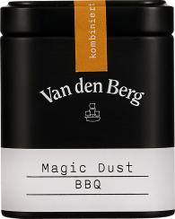 Schwarze Metall-Dose mit weißem Etikett und orangefarbenem Band, schlichtes und elegantes Design.