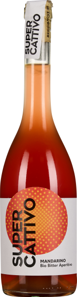 Bauchige Flasche mit leuchtend orange-roter Flüssigkeit, weißem Etikett mit großem, orangen Punktmuster und schwarzer Schrift. Der Flaschenhals ist mit einem weißen Verschluss und Siegel versehen.