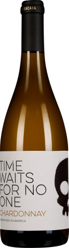 Braun-goldene Weinflasche mit schwarzem Verschluss und weißem Etikett, das linksseitig eine moderne schwarze Schrift und rechtsseitig einen stilisierten schwarzen Totenkopf zeigt.