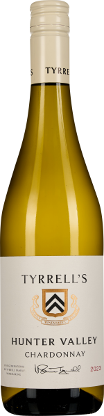 Eine helle Weinflasche mit cremefarbenem Schraubverschluss und einem etikettierten Emblem auf dem Etikett, das eine elegante, simple Ästhetik präsentiert.