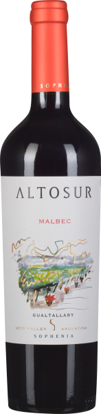 Weinflasche mit rotem Verschluss und künstlerischem Etikett in hellen Farben.