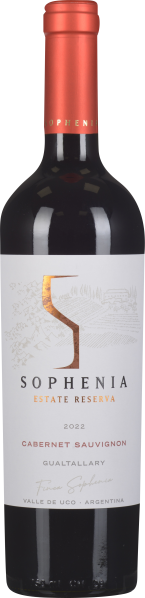 Eine Weinflasche mit tiefrotem Kapselverschluss und einem eleganten Etikett. Das Etikett ist weiß mit minimalistischen goldenen und schwarzen Schriftzügen, verziert mit einer subtilen Illustration.