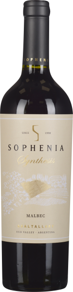 Dunkle Weinflasche mit beiger Etikettierung und goldener Schrift.