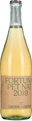 Flasche mit naturtrübem, hellgelbem Wein, Kronkorkenverschluss.