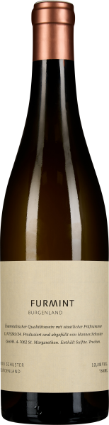 Flasche Weißwein mit bronzefarbener Kapsel und schlichtem, cremefarbenem Etikett mit schwarzer Aufschrift.