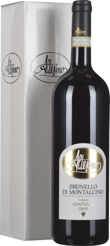 Eine elegante Weinflasche mit dunklem Glas und gold-schwarz-weißer Etikettierung, präsentiert neben einer passenden weißen Geschenkbox mit glänzendem Logo-Aufdruck.