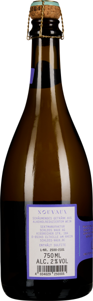 Braune Glasflasche mit goldener Folie und violettem Etikett.