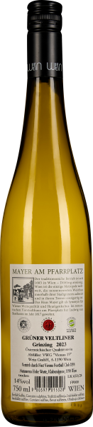 Klarglasflasche mit schwarzem Schraubverschluss, etikettiert mit Weinbeschreibung auf der Rückseite.