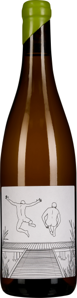 Weinflasche mit grünem Verschluss und minimalistischer Etikettzeichnung von springenden Figuren.