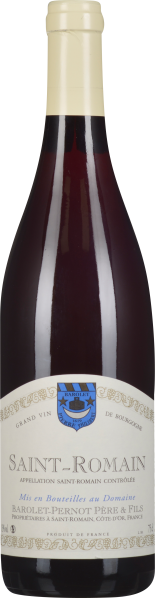 Weinflasche mit cremefarbenem Etikett und blauer Wappenabbildung.