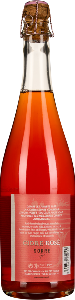 Rosé-Cidre in eleganter Flasche mit Korkverschluss und rosa Etikett.