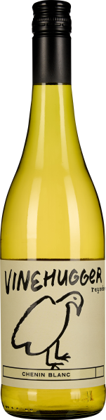 Gelbliche Weinflasche mit schwarzem Schraubverschluss und minimalistischer Etikettgestaltung.