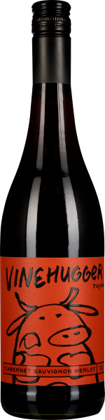 Flasche mit schwarzem Verschluss und dunkelrotem Wein. Das Etikett ist orange mit schwarzem Text und einer stilisierten Zeichnung eines Rindes.