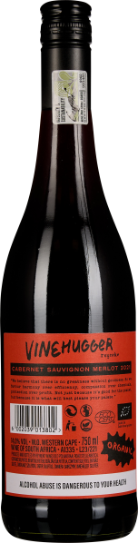 Dunkelrote Weinflasche mit schwarzem Schraubverschluss und orangefarbenem Etikett.