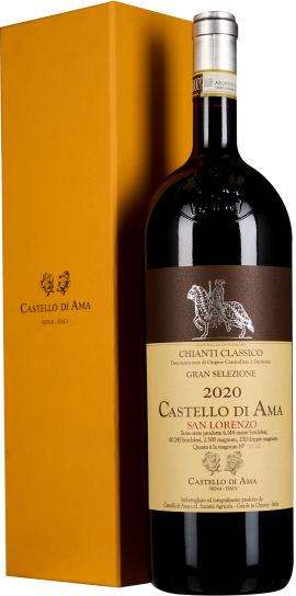 Große Weinflasche mit eleganter, dunkler Aufmachung und goldener Geschenkverpackung.