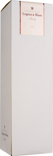 Weiße Champagner-Box mit schlichtem, eleganten Design und rosafarbener Etikettierung.