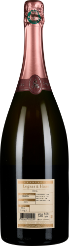 Große, elegante Champagnerflasche mit rosafarbener Folie und Etikett.