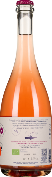 Roséwein in transparenter Flasche mit farbenfrohem Etikett und violettem Schraubverschluss.