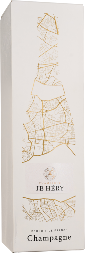 Elegante weiße Verpackung mit goldener Flaschen-Silhouette und dezentem Stadtplan-Muster.