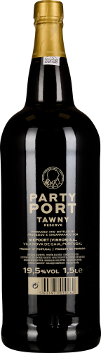 Große, dunkelbraune Weinflasche mit goldener Kapsel und elegantem Etikettendesign.