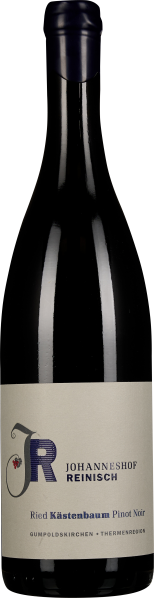 Dunkle Weinflasche mit elegantem Etikett und blauem Verschluss.