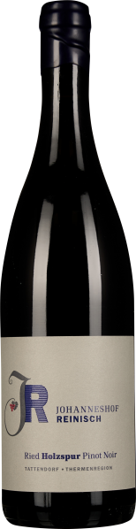 Dunkle Weinflasche mit cremefarbenem Etikett und lila Kapsel.