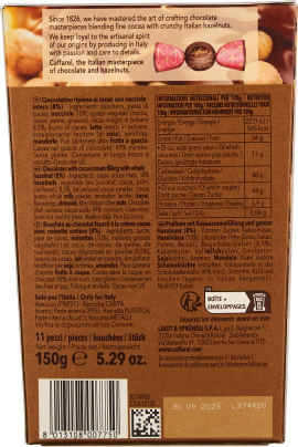 Braune Verpackung mit Text, zeigt Pralinenabbildung und Nährwerttabelle.