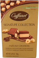 Goldene Verpackung mit Schokoladenstücken und Haselnüssen abgebildet.