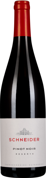 Dunkle Weinflasche mit rotem Verschluss und schlichtem, elegantem Etikett.