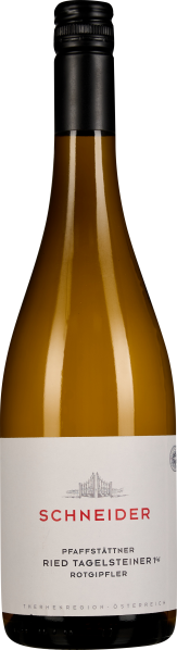 Weinflasche mit cremefarbenem Etikett und roter Schrift, schlanker Hals mit schwarzem Verschluss, gefüllt mit hellgelbem Wein.