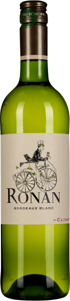 Eine grüne Weinflasche mit braunem Verschluss und einem Etikett, das eine elegante Illustration eines Mannes auf einem Fahrrad zeigt.