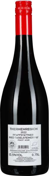 Rotweinflasche mit rotem Schraubverschluss und schlichtem, weißem Etikett.