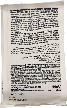 Weiße Verpackung mit schwarzem Text und Nährwertangaben auf der Rückseite.