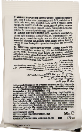 Weiße Verpackung mit schwarzem Text, zeigt Zutaten und Nährwerte von überzogenen Mandeln.