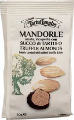 Weiße Verpackung mit gezeichneter Darstellung von Mandeln und einem Baum, insgesamt 50g Inhalt.