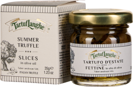 Bild eines Glases mit goldfarbenem Deckel, gefüllt mit in Öl eingelegten Trüffelscheiben, daneben eine passende Verpackung mit stilisiertem Baumdesign.