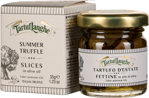 Bild eines Glases mit goldfarbenem Deckel, gefüllt mit in Öl eingelegten Trüffelscheiben, daneben eine passende Verpackung mit stilisiertem Baumdesign.