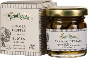 Bild eines Glases mit goldfarbenem Deckel, gefüllt mit in Öl eingelegten Trüffelscheiben, daneben eine passende Verpackung mit stilisiertem Baumdesign.