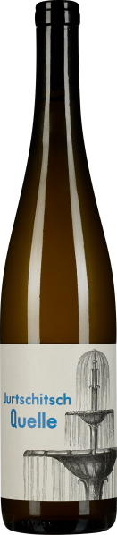 Braune Weinflasche mit stilvollem Etikett und blauem Schriftzug.