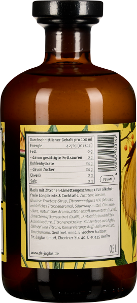 Braune Glasflasche mit gelbem, floralem Etikett und Nährwerttabelle auf der Rückseite.