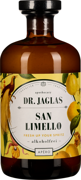 Braune Glasflasche mit breiter, runder Form und schwarzem Verschluss. Das Etikett zeigt einen botanischen Print mit gelben Zitronen und grünen Blättern sowie einen stilisierten Vogel.