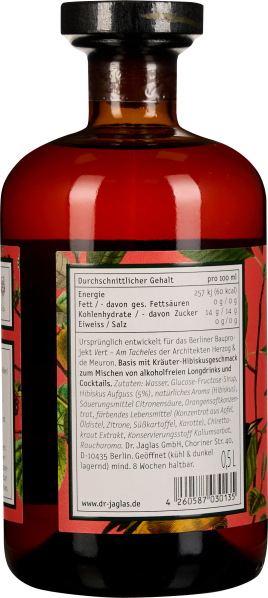 Braune, lichtdurchlässige Flasche mit schwarzem Verschluss, bunter Etikettendruck mit Nährwertinformationen.