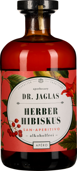 Flasche mit rotem Inhalt und schwarzem Verschluss. Das Etikett ist in Rosa gehalten und zeigt florale Verzierungen mit grünen Blättern und roten Blüten.