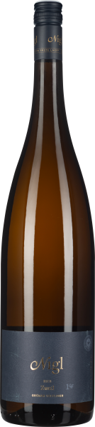 Braune Weinflasche mit schmalem, schwarzem Schraubverschluss und tiefblauem Etikett mit goldener Schrift.