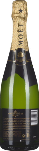 Grüne Sektflasche mit goldener Folie und schwarzem Etikett.