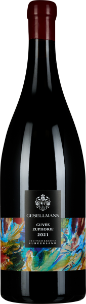 Eine elegante Weinflasche mit tiefrotem Wachssiegel und schwarzem Etikett, verziert mit einem bunten, künstlerischen Muster am unteren Rand.