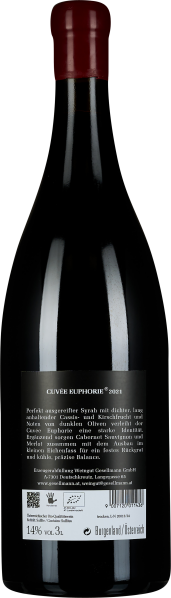 Dunkle Weinflasche mit rotem Verschluss und Etikett auf schwarzem Hintergrund.