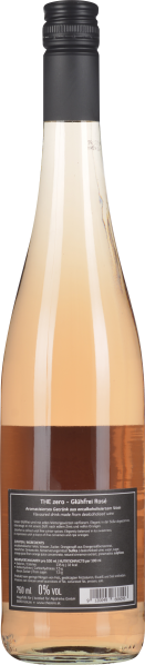 Roséfarbene Weinflasche mit schwarzem Schraubverschluss und Etikett auf der Rückseite.