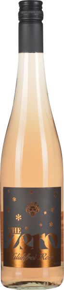 Eine schlanke Roséweinflasche mit schwarzem Schraubverschluss. Das Etikett ist dunkel mit Kupferakzenten und Schneeflockenmuster. Der Wein hat eine zartrosa Farbe.