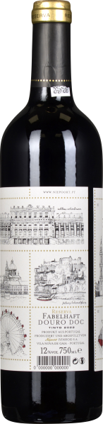 Weinflasche mit künstlerisch gestalteten, schwarz-weißen Architekturmotiven auf dem Etikett.